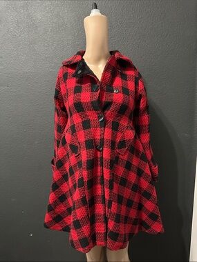 Women's Red & Black Plaid Swing Pea Coat